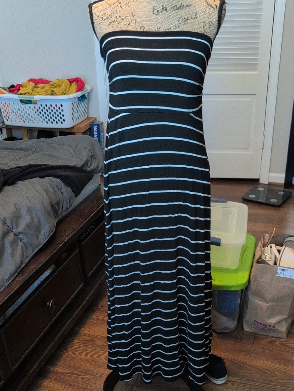 bobeau Black and White Striped Strapless Maxi Dress